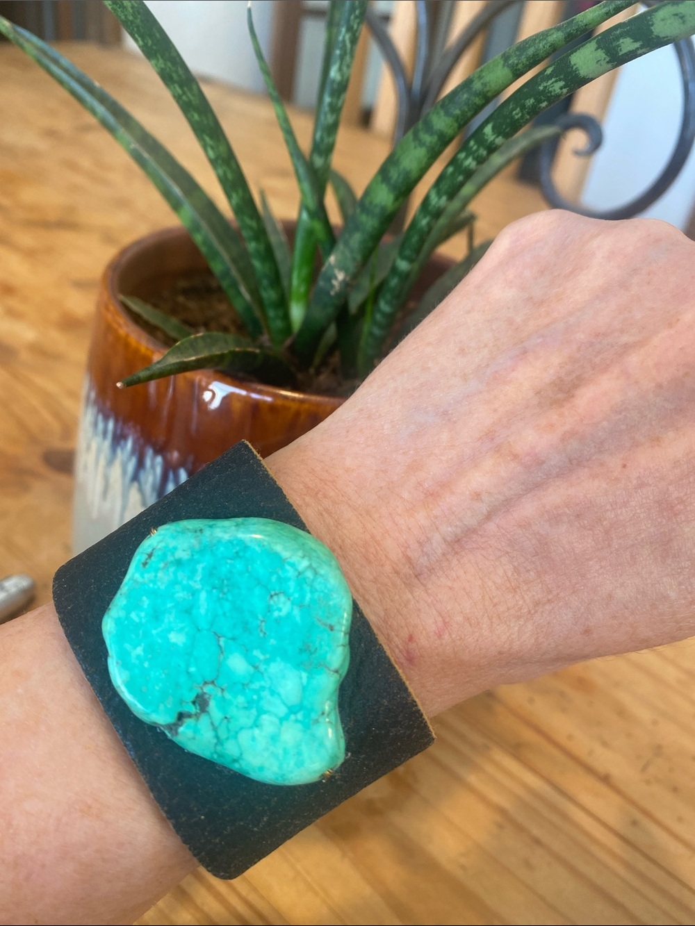 Artisan Designed Genuine leather with genuine slab turquoise stone bracelet
